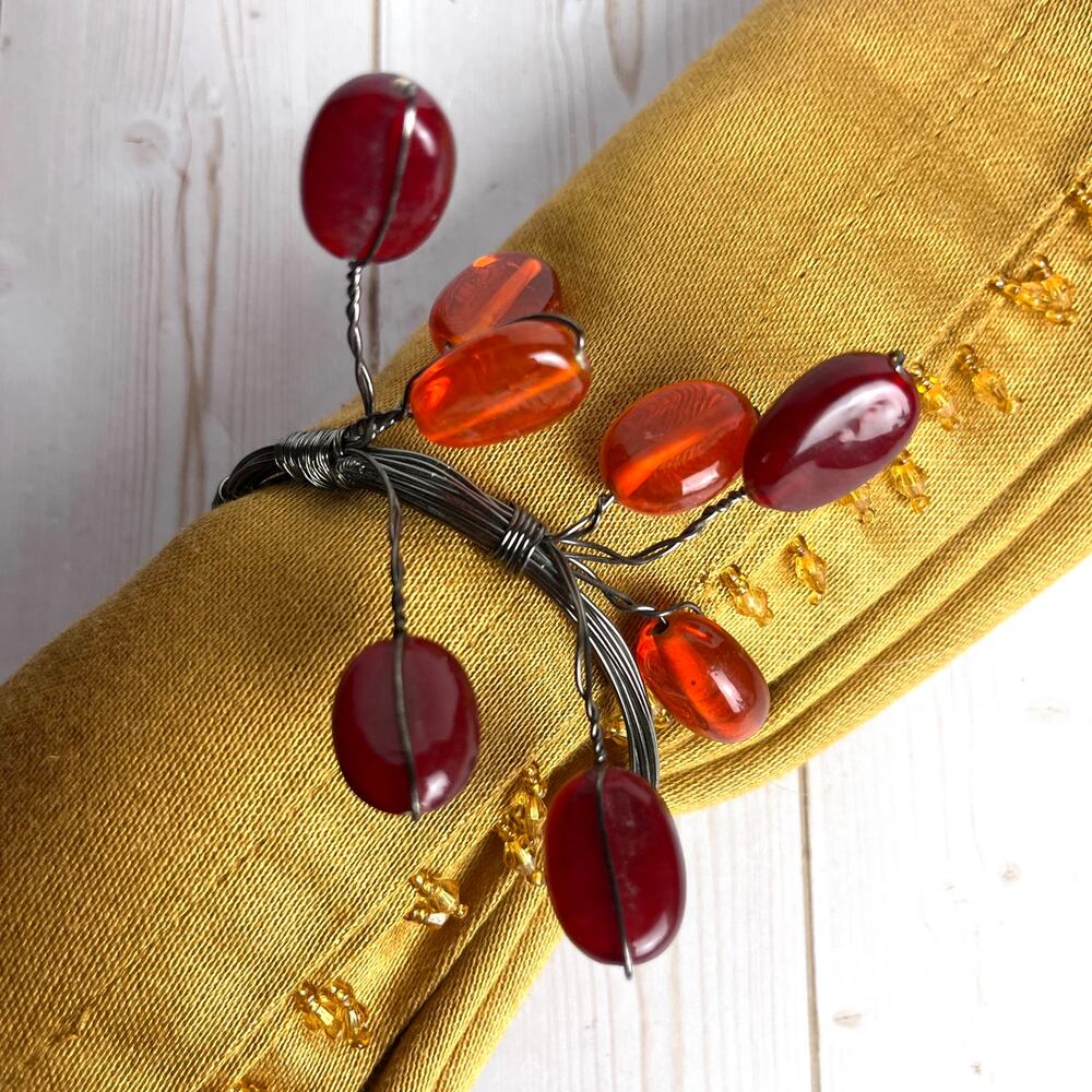 Set of 10 Wrapped Wire Napkin Rings Amber & Red Glass Beads Holiday Tablescape